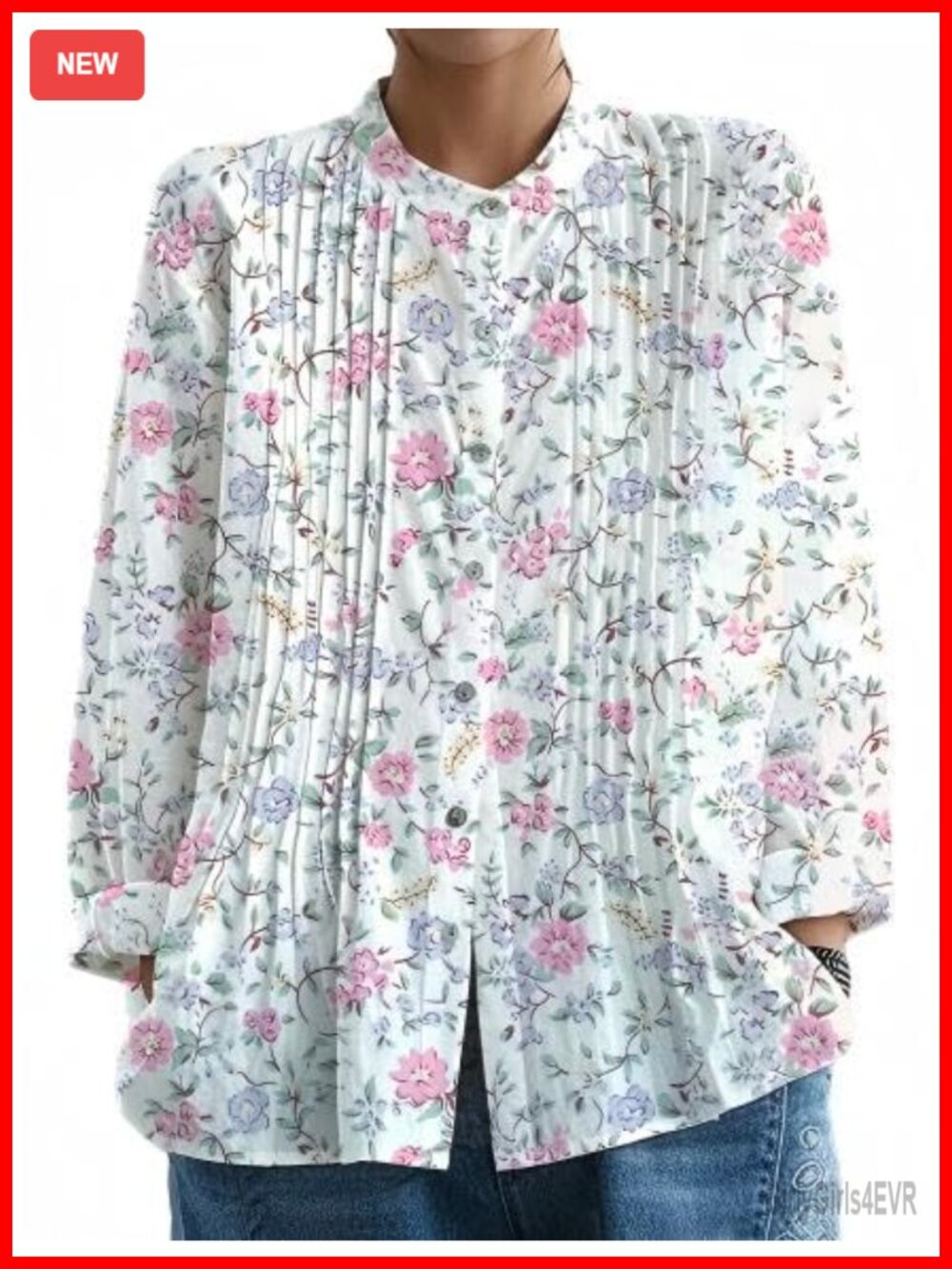 Womens Long Sleeve Button Down Floral Blouse Pleated Tunic Top Workwear